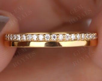 Round Lab Grown Diamond Wedding Band Women 14K Gold 3MM Wide Plain Band One Side Pave Set Diamond Ring Half Eternity Stacking Ring for her