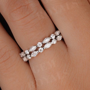 Alternating Marquise and Round cut Moissanite Wedding Band Set Full Eternity Band Shared prong Set 14K white Gold Stackable Matching band