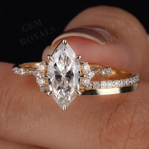 Vintage Marquise Cut Lab Grown Diamond Engagement Ring Set Unique Yellow Gold Women&#39;s Bridal Wedding Set Promise Ring Set Diamond Stacking