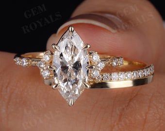 Vintage Marquise Lab Grown Diamond Engagement Ring Set, 14k Yellow Gold