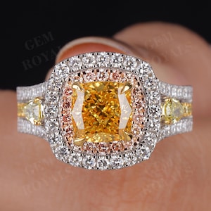 Bague fantaisie jaune avec diamants cultivés en laboratoire, bague de fiançailles double halo, bague de mariage nuptiale unique pour femme, bague en diamant multicolore