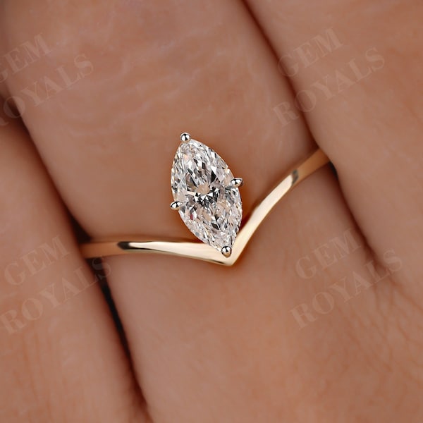 Chevron Style 1 CT Marquise Diamond Engagement Ring IGI Certified Lab Grown Diamond Ring 14K Gold V Shape Royal Curve Lab Diamond Ring