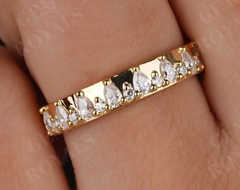 Pear And Round cut Moissanite Wedding Band Women Vintage 14K Gold 4MM Wide Diamond Ring Half Eternity Stacking Anniversary gifts for her