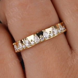 Pear And Round cut Moissanite Wedding Band Women Vintage 14K Gold 4MM Wide Diamond Ring Half Eternity Stacking Anniversary gifts for her