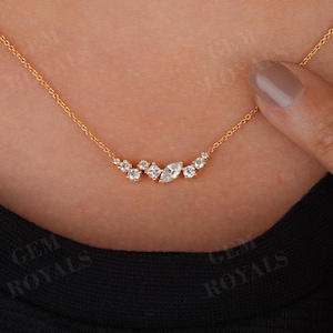 Scattered Diamond Cluster Necklace, Multi Shaped Diamond Claster Bar Necklace, 14K Unique Necklace For Women