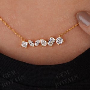 Multi Lab Grown Diamond Pendant Necklace, 14K Gold Multi Diamond Bar Necklace For Women, Bridal Lab Diamond Wedding Necklace