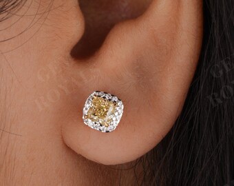 Canary Yellow Cushion Cut Lab Grown Diamond Halo Earrings, 14K Gold Studs