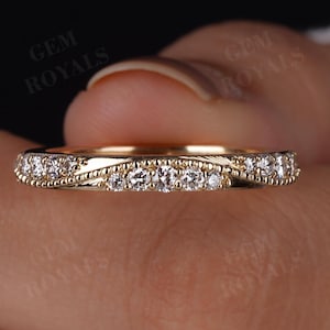 Pave Diamond Wedding Band, 14k Solid Gold Wavy Ring, Full Eternity Band Ring For Women, 2.50 mm Vintage Milgrain Band, Comfirt Fit Ring