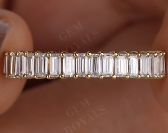 Baguette Moissanite Wedding Band, 14K Gold Half Eternity Ring