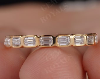 Emerald Cut Moissanite 14K Gold Wedding Band - Bezel Set Eternity Ring