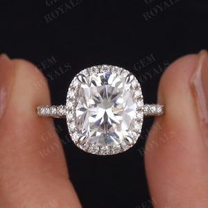 Huge 3.5CT Elongated Cushion Diamond Halo Engagement Ring 14K Gold Cushion Cut Moissanite Engagement Ring Hidden Halo Ring Gold Promise Ring