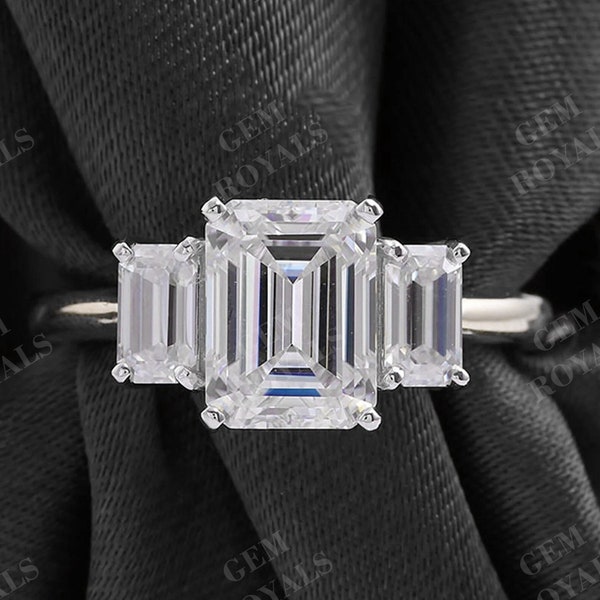 Emerald Cut Three Stone Moissanite Engagement Ring 14K Solid White Gold Emerald Cut Ring Simulated Diamond 3 Stone Ring Anniversary Ring
