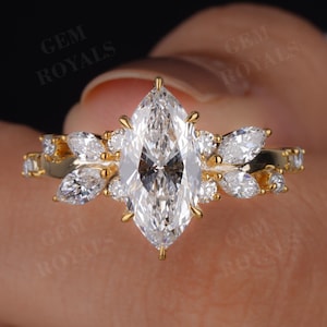 Anillo de 2 quilates con diamantes de laboratorio de talla marquesa inspirado en la naturaleza, anillo vintage con hojas y ramas, anillo de compromiso con diamantes de ramita para ella, anillo único de oro macizo.
