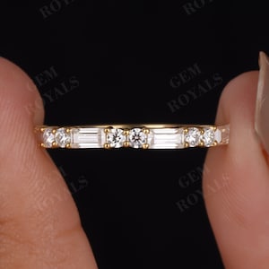 Baguette And Round Cut Moissanite Wedding Band Women Half Eternity Band 14K Yellow Gold Diamond Ring Stacking Matching Band Anniversary Gift