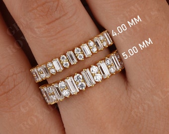 Art Deco Baguette and Round Cut Moissanite Wedding Band Full Eternity Band Vintage 14K Gold Ring For Women Stackable Band gifts For her