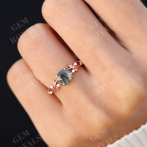 Nature Inspired Round Cut Natural Moss Agate Engagement Ring Solid 14K Rose Gold Gemstone Ring Vintage Unique Leaf Design Anniversary Ring