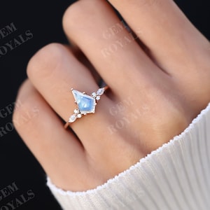 Kite Cut Moonstone Engagement Ring 14K Gold Rainbow Moonstone Ring Solitaire Marquise Moissanite Ring Anniversary Promise Ring Set