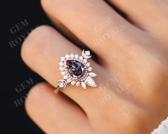 Vintage Art Deco Pear Alexandrite Ring Set, Rose Gold Moissanite Halo