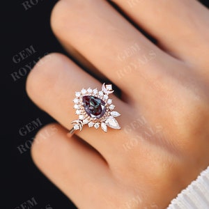Vintage art deco peervormige Alexandriet verlovingsring set massief roségouden edelsteen ring peer Moissanite halo verlovingsring voor bruid