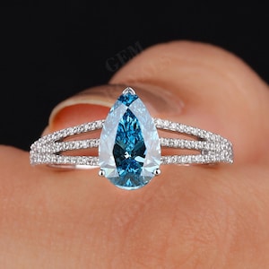 Pear Cut Blue Lab Grown Diamond Engagement Ring, Solid Gold Split Shank Promise Ring, IGI Certified Diamond Ring, Anniversary Gift For Women