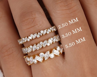 Mixed Baguette Petite Cluster Moissanite Wedding Band Women Vintage 14K Gold Marquise & Round Statement Ring Half Eternity Anniversary Ring