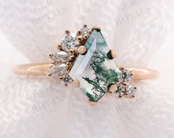 Anillo de ágata musgosa con forma de cometa, moissanita estilo art déco, anillo de compromiso de estilo vintage