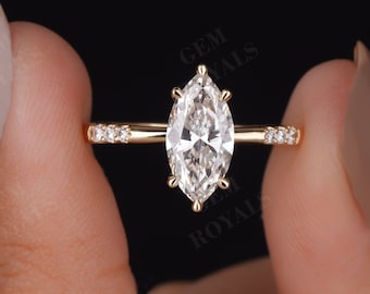 Certified Lab Grown Diamond Engagement Ring, 1 - 2 CT Marquise Diamond Ring 14K Gold Handmade Jewelry, Wedding Ring for Women, Gift for her