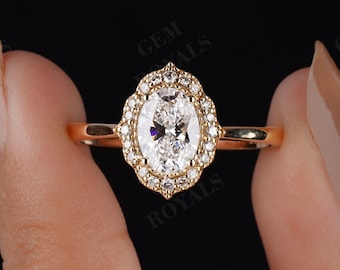 Oval Cut Lab Grown Diamond Ring 14K Gold Halo Engagement Ring Vintage Diamond Wedding ring for women Anniversary Gifts for Her Propose Ring