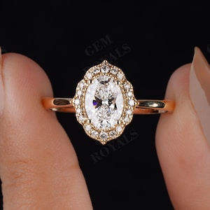 Ovale geslepen laboratoriumdiamanten ring 14 kt gouden halo verlovingsring vintage diamanten trouwring voor vrouwen jubileumcadeaus voor haar ring voorstellen