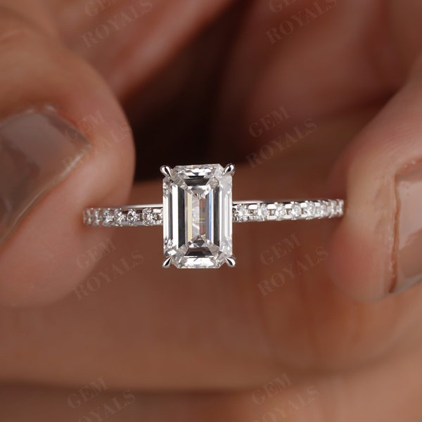 1 CT Emerald Cut Diamond Engagement Ring, Solitaire Lab Grown Diamond Ring, Round Diamonds, Handmade Jewelry, Anniversary Ring Gift