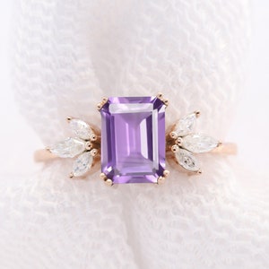 Emerald Cut Natural Amethyst Engagement Ring 14K Solid Gold Purple Gemstone Ring Solitaire Marquise Moissanite Wedding Promise Ring Set
