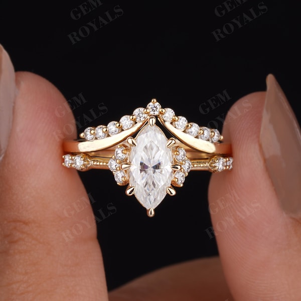 Marquise Moissanite Engagement ring set 14K gold Vintage Style engagement ring Chevron Wedding Band Art Deco Bridal ring set Anniversarygift