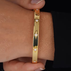 Flush Set Diamond Bangle, 14K Gold Celestial starburst Diamond Bangle For Women, Cluster Star Love Bangle, 6 mm Wide Cuff Bangle Bracelet