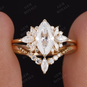 Marquise Moissanite engagement ring set Vintage 14K gold engagement ring Cluster engagement ring Art Deco ring Bridal ring Anniversary ring