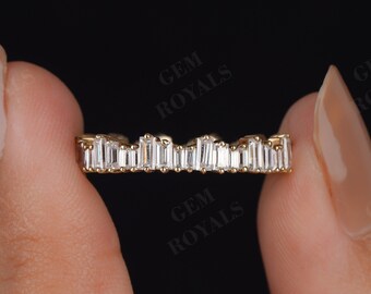 Baguette diamantvigselring i 14K guld, minimalistisk stapelring