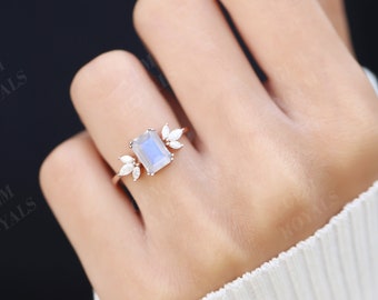 Emerald Cut Moonstone Engagement Ring Rainbow Moonstone Ring Marquise Diamond Cluster Ring Solitaire Moissanite Anniversary Promise Ring