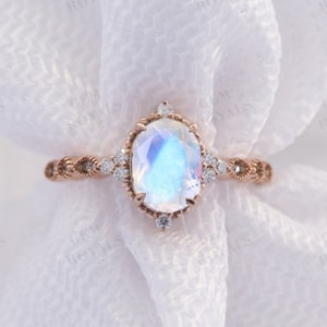 Vintage Oval Cut Moonstone Engagement Ring Rainbow Moonstone Ring 14K Rose Gold Gemstone Ring Moissanite Promise Anniversary Ring For Her