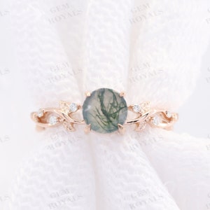 Nature Inspired Round Moss Agate Ring Green Moss Agate Engagement Ring Dainty Twig Leaf Diamond Ring Vintage Style Moissanite Ring