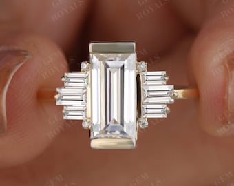 Anillo de compromiso Art Déco con moissanita baguette y anillo de boda de oro de 14 quilates