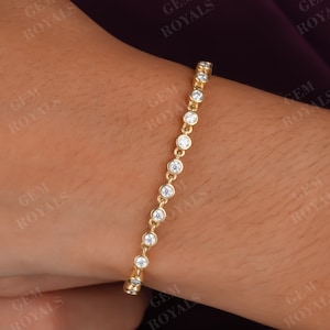 Bezel Set Moissanite Bracelet 14K Gold layering Bracelet Round Moissanite wedding Bracelet Minimalist Stacking tennis Bracelet for Women
