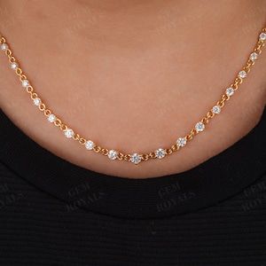 VVS1 Moissanite Necklace, 14K Solid Gold Tennis Chain Necklace For Women, Round Cut Graduated Moissanite Bridal Wedding Chain Necklace