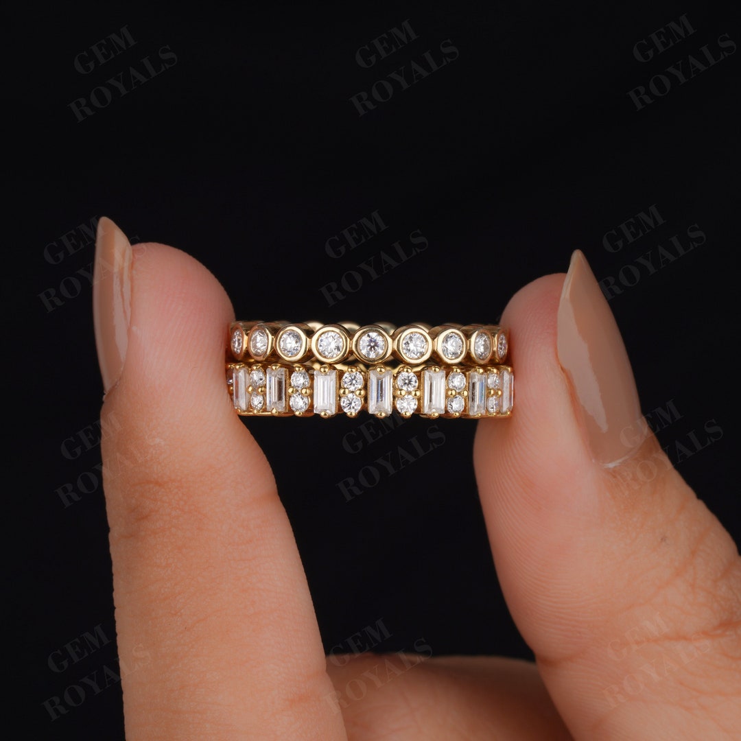 Baguette Moissanite Wedding Band Set Women 14K Gold Round Cut Bezel Set ...