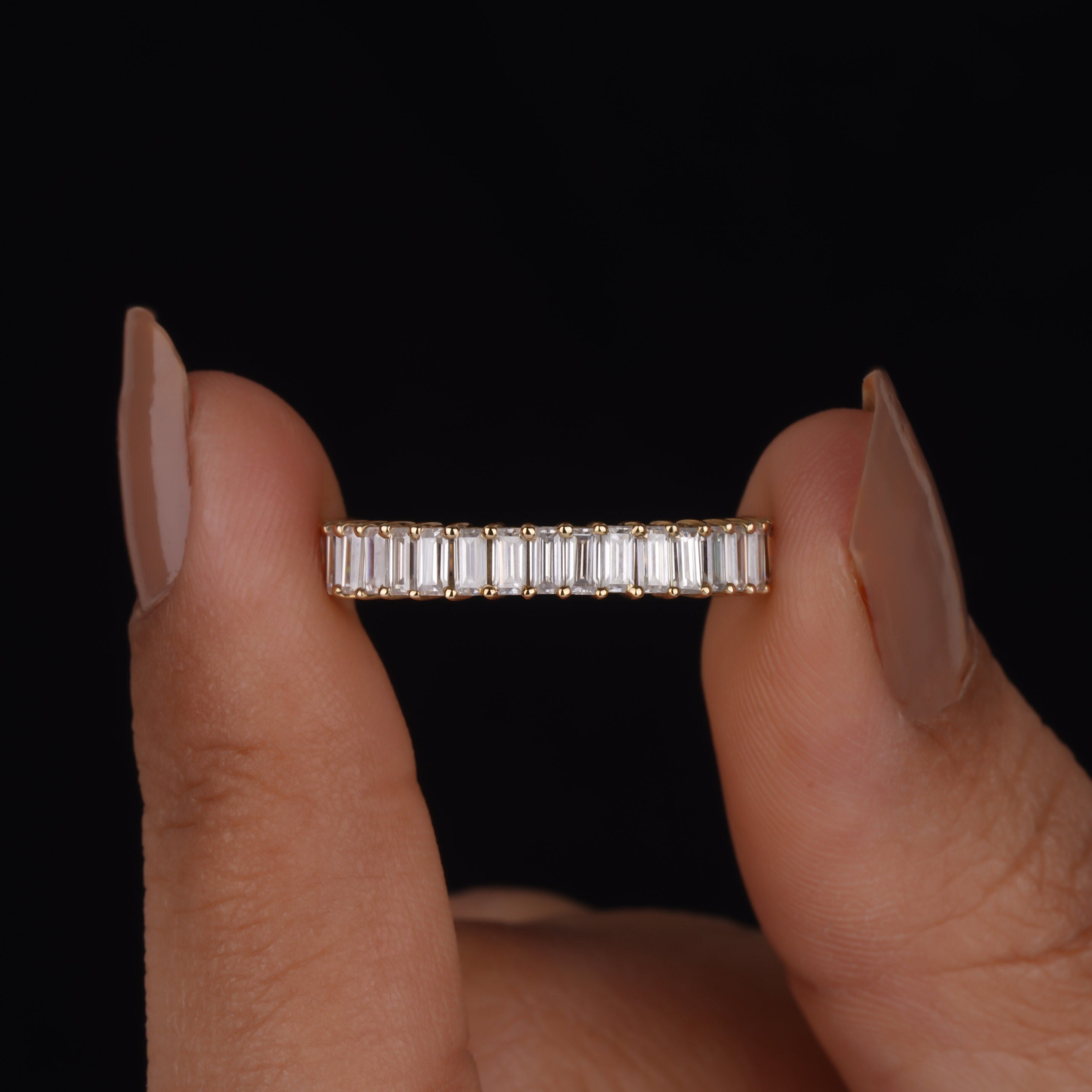 Baguette cut Moissanite Wedding Band Half Eternity Band 14K Gold Diamond Ring For Women Stackable Minimalist Band Anniversary gifts for her