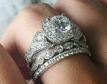 Anillo de novia de corte redondo, anillo de compromiso de plata esterlina, alianza de boda