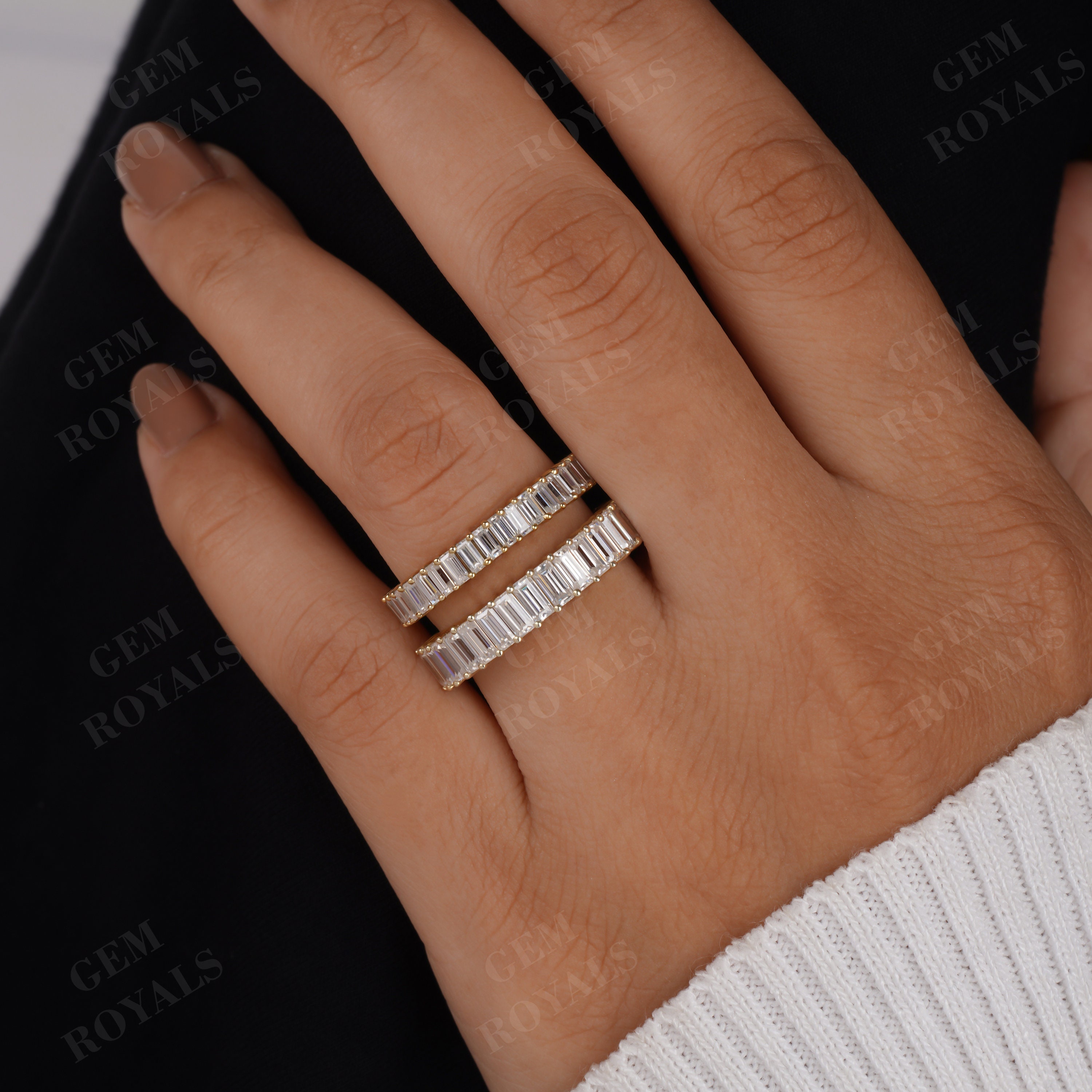 14Kゴールド バゲット モアッサナイト 結婚指輪 ハーフエタニティ