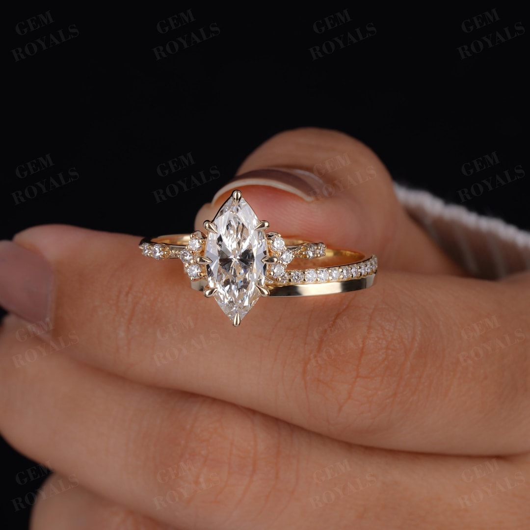 Vintage Marquise Lab Grown Diamond Engagement Ring Set, 14k Yellow Gold ...