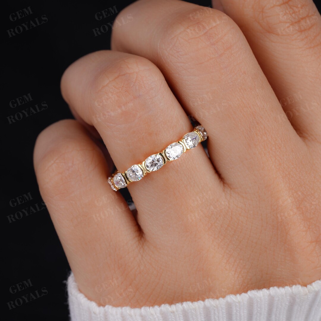 14k Solid Yellow Gold Wedding Band, 2.55 CT Oval Moissanite Half Bezel ...