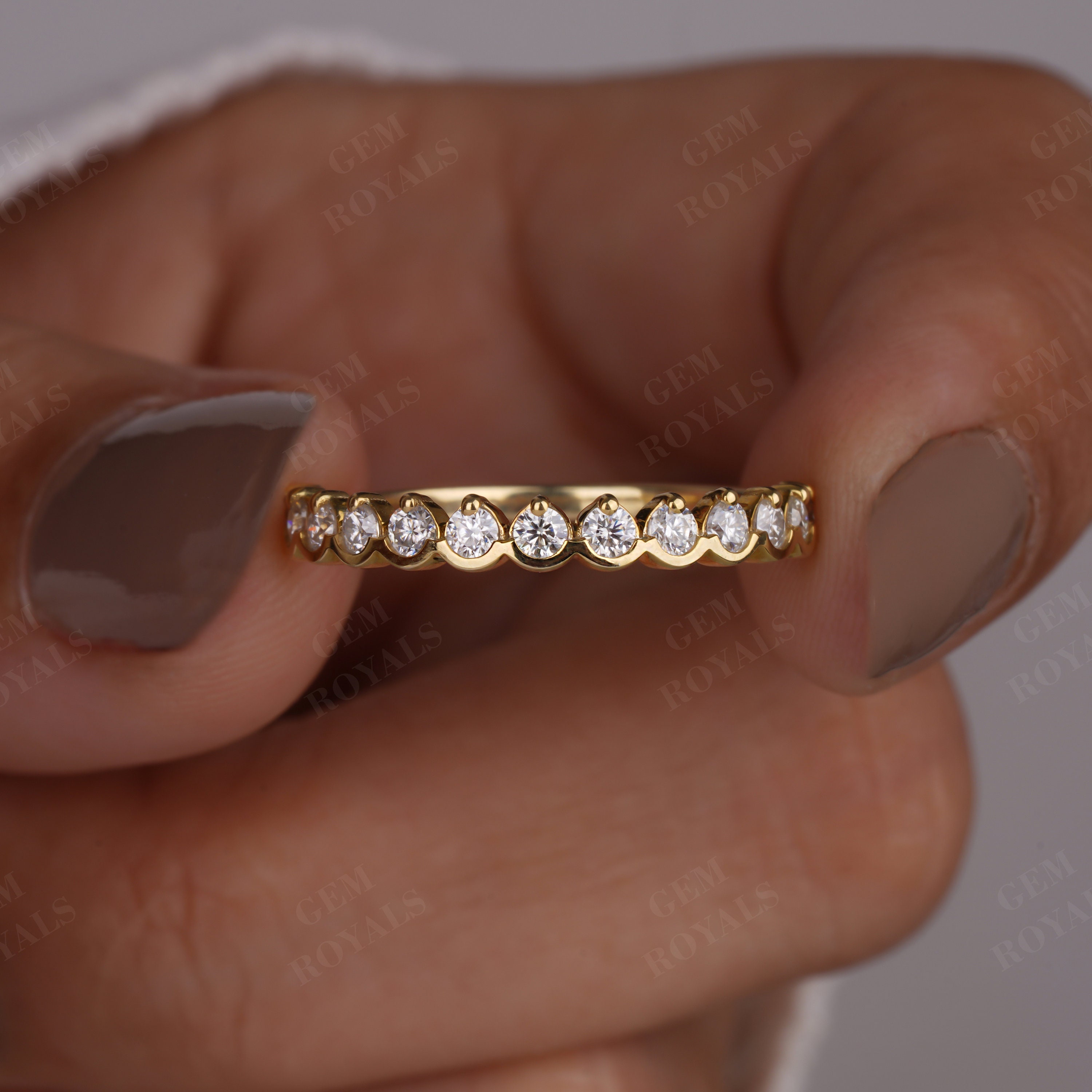 14K Gold Moissanite Wedding Band, Half Eternity Anniversary Ring - Etsy
