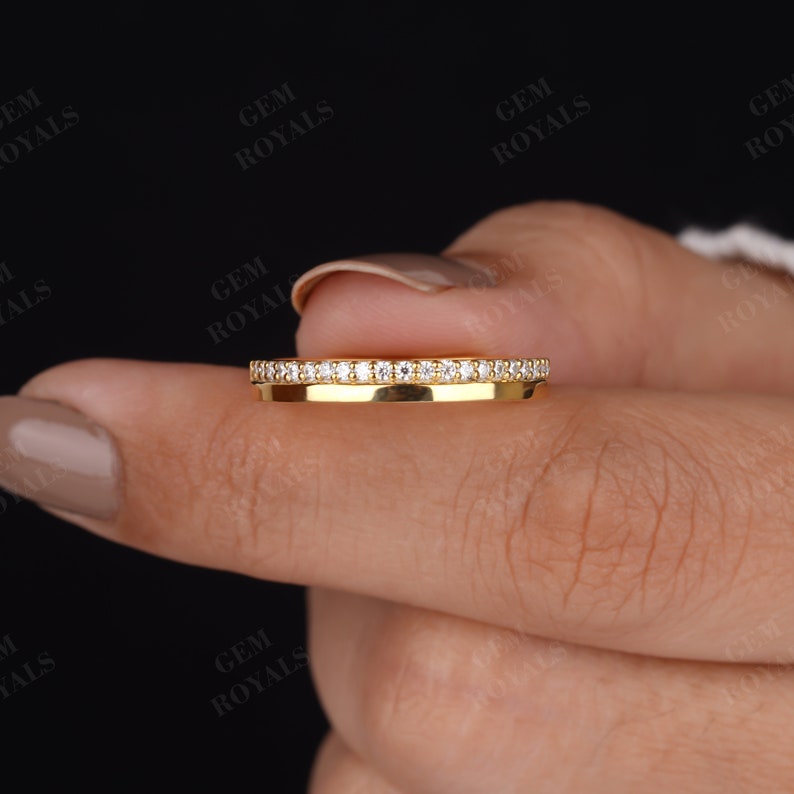 Round Cut Moissanite Wedding Band Women 14K Gold 3MM Wide Plain Band One Side Pave Set Diamond Ring Half Eternity Stacking Anniversary gifts for her