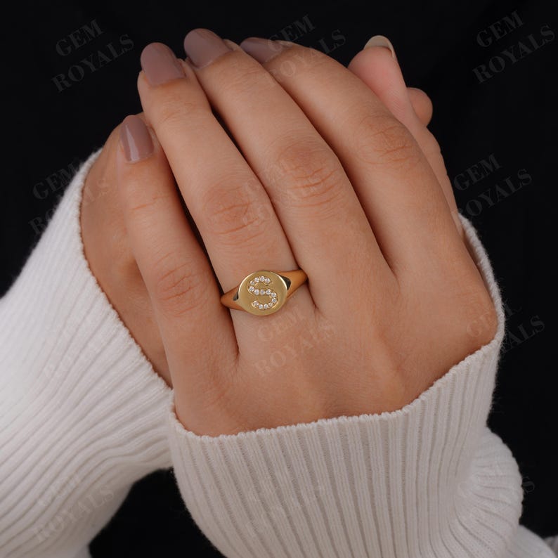 S Initial Lab Grown Diamond Signet Ring, Solid Gold Pinky Ring ...